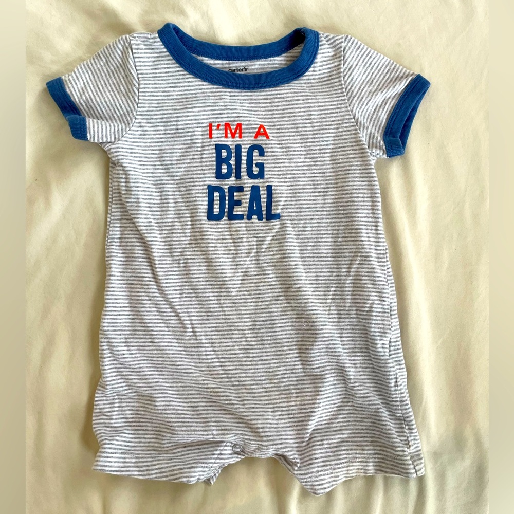 Carters Gray & White striped romper “I’m a big deal”
